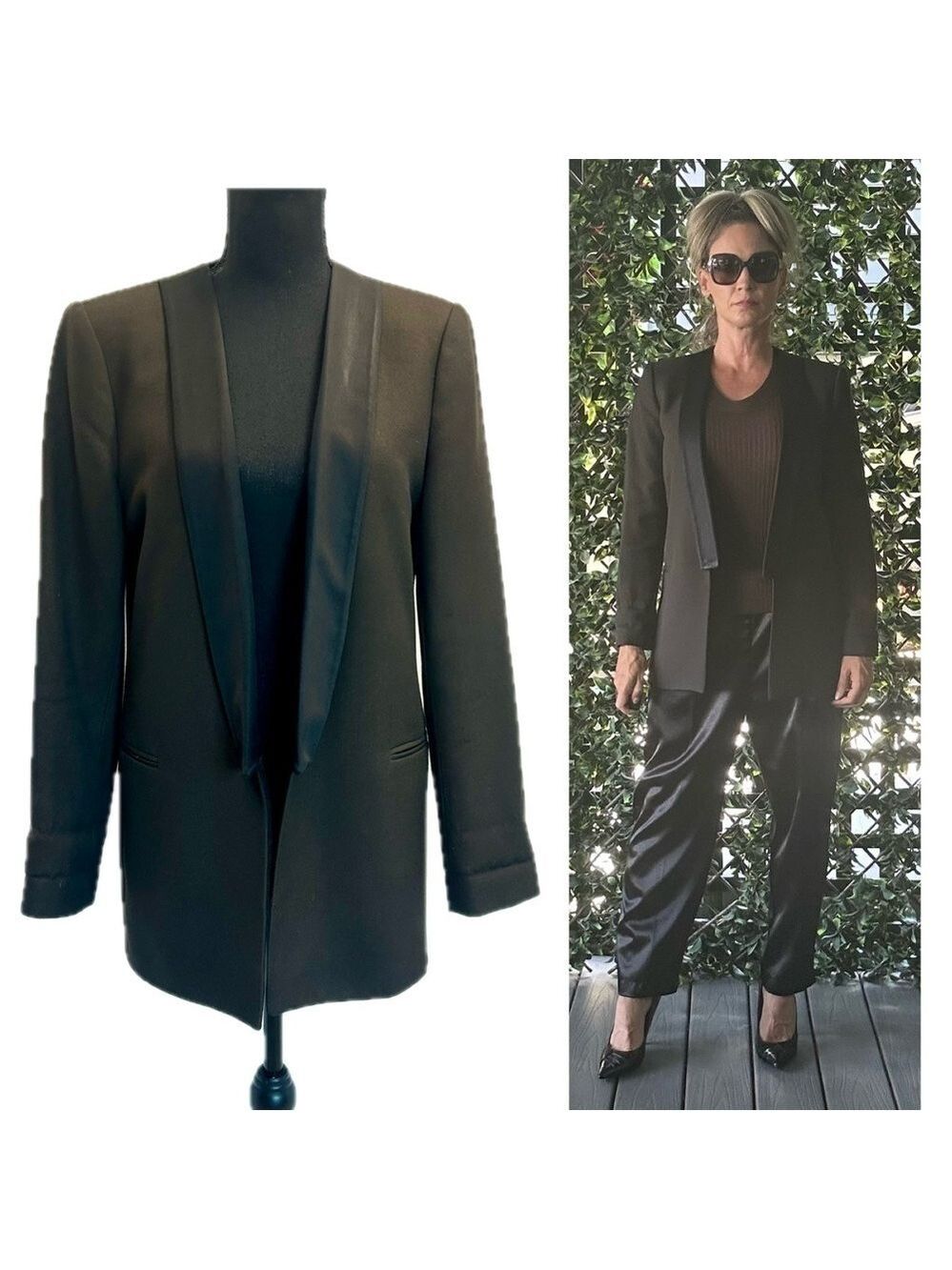 Zara dark brown textured black satin lapel collar open front tuxedo blazer Sz L